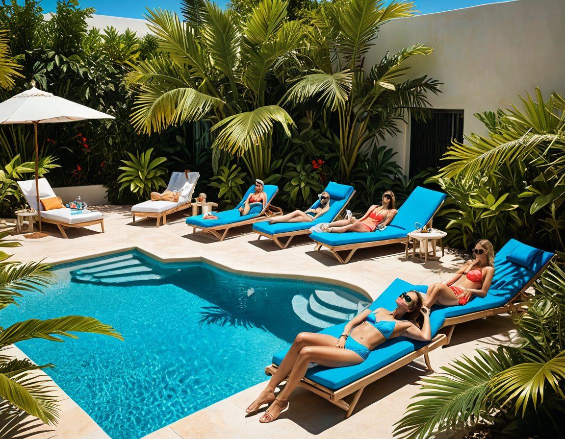 A stylish poolside scene featuring a vibrant sun-soaked setting, showcasing a diverse group of fashionably dressed individuals wearing trendy swimwear essentials, lounging on chic sunbeds. Include tropical plants, sparkling water, and poolside accessories like beach towels and sunglasses. Capture the relaxed but fashionable atmosphere of a sun-kissed day. colorful and upbeat. super-realistic.